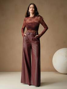 Anewsta Women's Lace See-Through Thumb Hole Elegant Blouse, Suitable For Holiday Party Outfits - Burgundy - View 7