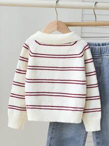 SHEIN 女童杏色和酒红色条纹短款圆领针织衫，柔软舒适，适合日常、户外、旅行、度假、居家、托儿所和儿童玩耍等场合，冬季、圣诞节、万圣节、秋季保暖舒适。