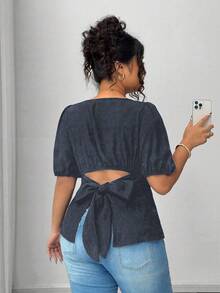 SHEIN Elenzya Plus Size Casual Shirt With Unique Back Tie Design - Dark Grey - View 7