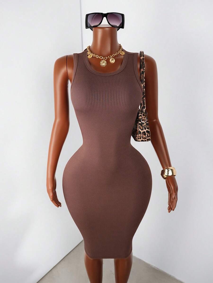 Zolique Solid Rib-Knit Bodycon Dress - Coffee Brown - View 1