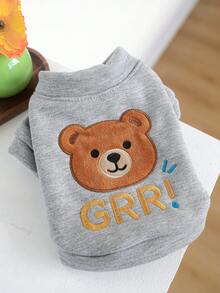 PETSIN 1pc Pet Clothing, Cute Embroidered Cartoon Bear Pattern Gray Cardigan Jacket, Warm And Comfortable For Dogs To Wear In Autumn And Winter - Grizzly Bear - View 2