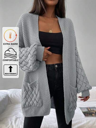 SHEIN Dual Pocket Drop Shoulder Open Front Cardigan