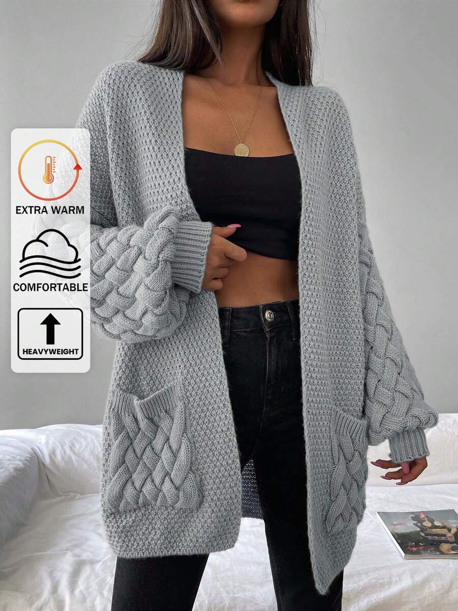 SHEIN 雙口袋落肩袖開門襟開襟衫 - 灰色 - 查看 1