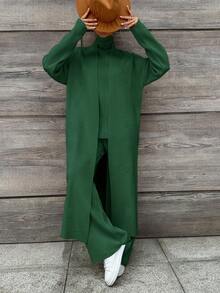 EURMUSE Women's Solid Color Collarless Sleeveless Basic Top, Long Sleeve Maxi Jacket And Long Pants Set - Green - View 9