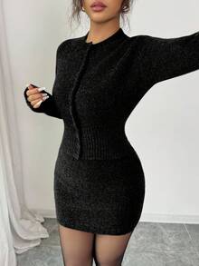 Elenzga 2pcs/Set Dark Grey Waist Cinching Bodycon Sweater Dress For Women, Slimming, Autumn/Winter - Black - View 5