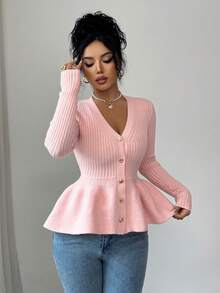 Elenzga V-Neck Slimming Patchwork Floral Hem Asymmetric Button Women Cardigan - Pink - View 5