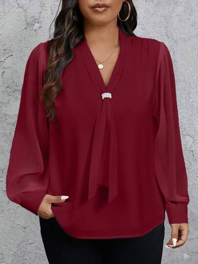 SHEIN Privé Plus Size Women Pearl Collar Decoration White Chiffon Textured Workwear Commuter Everyday Office Shirt