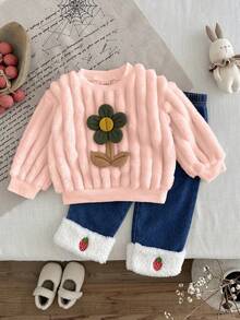 SHEIN 女婴休闲毛绒圆领长袖运动衫套装 - 粉色 - 查看 4