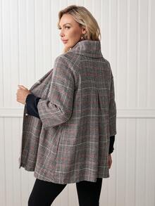 LanaWest Women's Gray Traceable Plaid Fabric High Collar Lapel Metal Button Design Loose Hem 3/4 Sleeve Elegant Classy Thanksgiving Halloween Streetwear Casual Boho Autumn/Winter New Fashion Versatile Loose Woolen Jacket - Orange - View 2