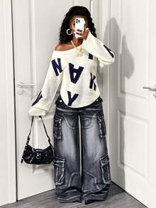 BamGleam Women's Casual Fashion Street Letter Pattern Loose Oversized Pullover Sweater, Autumn, Christmas