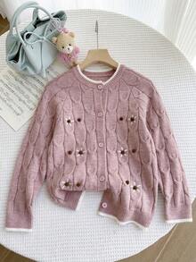 Tween Mädchen Cardigan mit Raglanärmeln, Blumenstickerei und Zopfmuster, lässiger Alltagsartikel für den Herbst