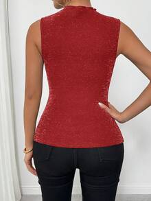 Rafferiza Women's Shiny Black Mesh Patchwork Tight Camisole, Elegant Party Dress For Winter - Burgundy - View 2