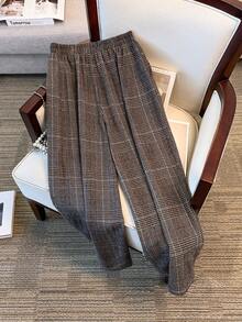 SHEIN PETITE CURVE Plus Size Plaid Print Elastic Waist Casual Pants - Multicolor - View 2