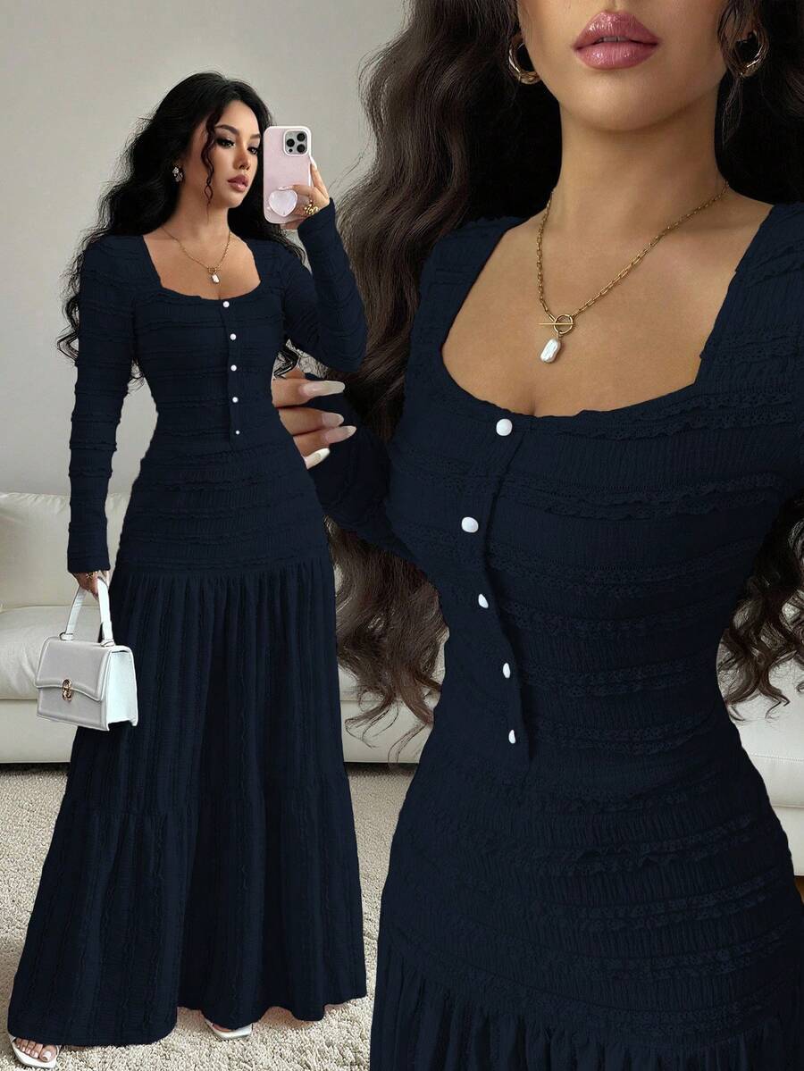 Selianne 女式粉色纹理面料休闲度假风格长袖方领纽扣上衣，带拼接设计和喇叭裙两件套，秋季 - 藏蓝色 - 查看 1