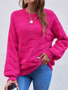 Chiquease Sweter z dzianiny z opadającymi ramionami, damski, późnojesienny, swobodny, długi rękaw, regularny krój, gorący różowy, rękaw biskupi, swetry damskie, bluzki z długim rękawem