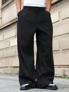 Manfinity Roghcode 加大码男士宽松口袋黑色阔腿裤，黑色宽松工装裤，男士阔腿裤，男士冬季服装，送给男友的完美礼物，街头潮流、校园风、万圣节男士裤子，日系男士宽松街头风黑色裤子 - 黑色 - 查看 5