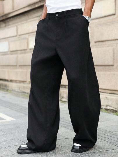 Manfinity Roghcode Plus Size Men's Loose Fit Pockets Black Pants Men Wide Leg Pants Black Baggy Pants Black Work Pants Men Wide Leg Pants,Men's Winter Apparel, Perfect Gift For Boyfriend, Highly Fashionable For Streetwear, Campus & Halloween Men Pants Japanese Pants For Men Baggy Streetwear Black Pants