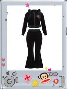 Paul Frank X ROMWE Plus Size Rhinestone Graphic Vintage Velvet Hooded Jacket & Flared Pants 2 Pieces Set, Autumn/Winter - Black - View 1