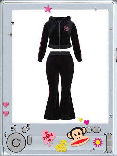 Paul Frank X ROMWE 大码水钻图案复古天鹅绒连帽夹克和喇叭裤两件套，秋冬