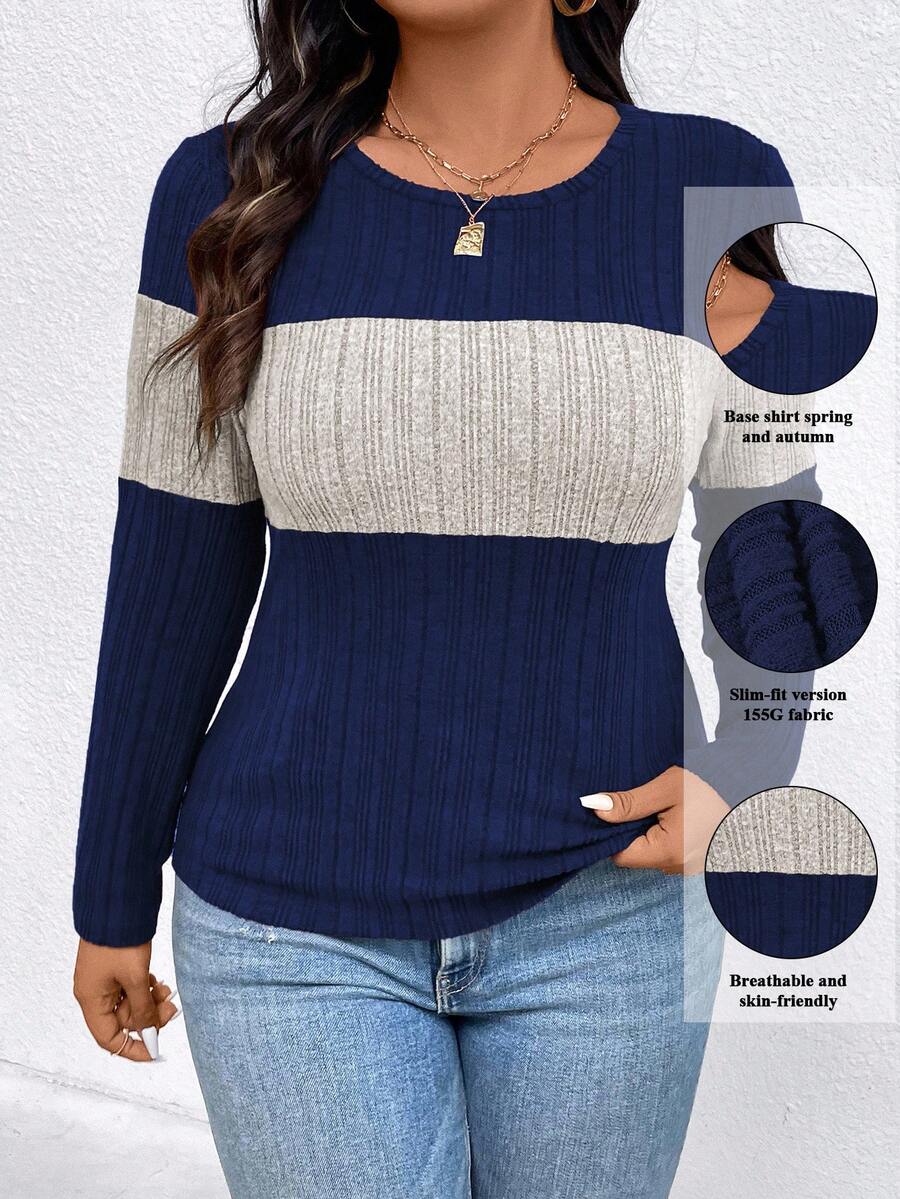 EMERY ROSE Plus Size Contrast Color Round Neck Ribbed Long Sleeve Casual T-Shirt Graphic Tees Women Tops For Spring Fall - Multicolor - View 1