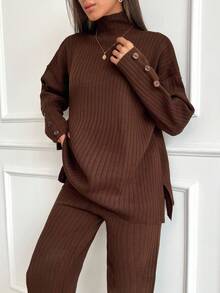 EURMUSE Women's Half-Turtleneck, Drop Shoulder, Ribbed Sweater And Sweater Pants Two-Piece Set - Brown - View 4