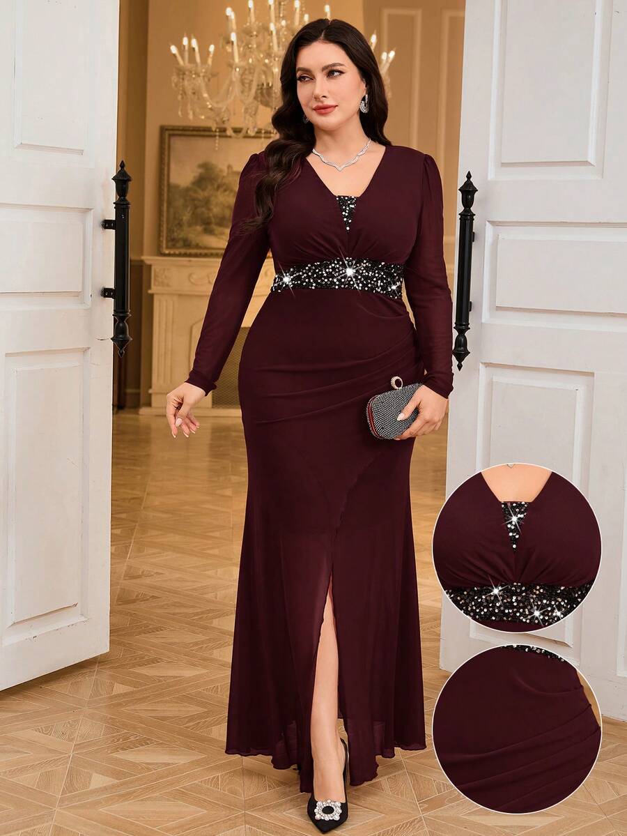 Modelyn Vestido plus size elegante com strass e cintura dividida, manga comprida, outono - Rosa Quente - Ver 1