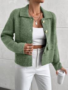 EURMUSE 纯色前扣优雅长袖开衫