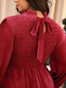 Elaquor Plus Size Women's Elegant Christmas Solid Velvet Ruffle Collar Lantern Sleeve Shirred Bodice Red Dress, Autumn Party Red, New Year Dress For Women - Red - View 6