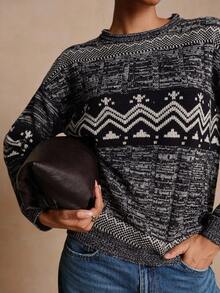 Lyxana Autumn/Winter New Women's Vintage Fashion Jacquard Contrast Color Casual Loose Crew Neck Long Sleeve Sweater - Multicolor - View 1