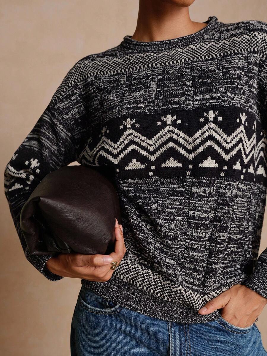 Lyxana Autumn/Winter New Women's Vintage Fashion Jacquard Contrast Color Casual Loose Crew Neck Long Sleeve Sweater - Multicolor - View 1