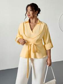Firerie 大码优雅休闲工作服办公室衬衫裙，卷袖，交叉领带，小 V 领，百搭长衬衫裙，适合任何场合，春/秋/冬 - 黃色 - 查看 5