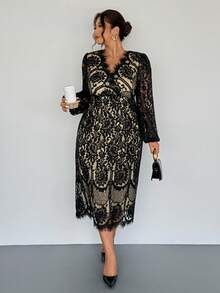 Firerie Plus Size Elegant Casual Lace Patchwork Elastic Long Sleeve Midi Dress, Suitable For Office, Resort Wear Spring - Black - View 7