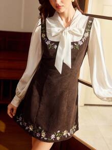 Vintamour Sukienka damska w stylu vintage, klasyczna, elegancka, dopasowana, rozkloszowana, haftowana, 2 w 1, sukienka z długim rękawem, patchworkowa sukienka w kolorze morelowo-kawowym, jesień/zima - Kawowy brązowy - Zobacz 7