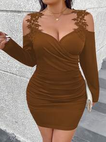 SHEIN Clasi Plus Size Solid Color Minimalist Daily Wear Off-Shoulder Long Sleeve Dress - Yellow - View 7