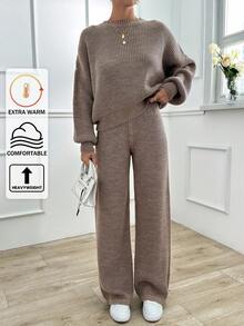 EURMUSE Casual Basic Oversize Balloon Sleeve Sweater & Wide Leg Plain Sweater Pants 2 Piece Set - Beige - View 1