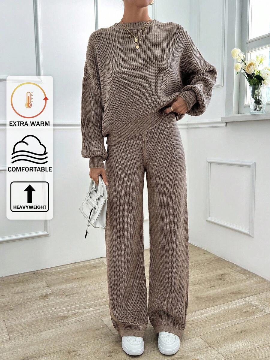 EURMUSE Casual Basic Oversize Balloon Sleeve Sweater & Wide Leg Plain Sweater Pants 2 Piece Set - Beige - View 1