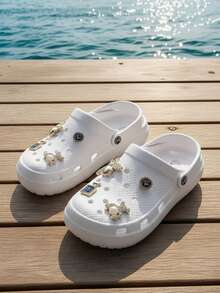Chanclas para Mujer Estilo Casual con Encanto Metálico, Punta Redonda, Suela Gruesa, Verano, Para Playa y Diario - Blanco - Ver 2