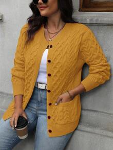 Cárdigan de manga larga con botones de unicolor casual para mujer de talla grande - Amarillo - Ver 5