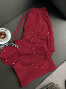 EMERY ROSE Women's Fashion Rhinestone Embellished High Waist Drawstring Loose Fit Straight Leg Sweatpants - Red - View 3