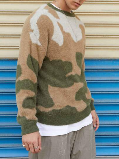 Manfinity CasualKnits Men's Crew Neck Pullover Sweatshirt, Fluffy Long Sleeve Hoodies In Multiple Colors, Suitable For Home, Outdoor, Work, Holiday Party, Autumn/Winter