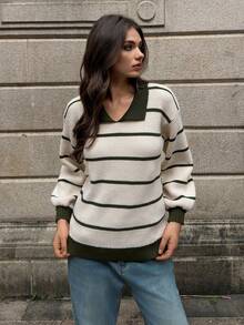 SHEIN Unity Áo len cổ tròn họa tiết sọc dệt kim dày - Nhiều màu - Xem 5