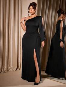 Cravure 大码女式新款单肩、落肩、露背、合身浪漫灯笼袖长裙，适合鸡尾酒会和日常穿着 - 黑色 - 查看 4