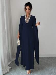 Rafferiza Women's Solid Color Elegant Dignified V-Neck Embroidered Collar Split Long Sleeve Maxi Dress, Suitable For Banquet, Daily Wear, Simple - Navy Blue - View 3