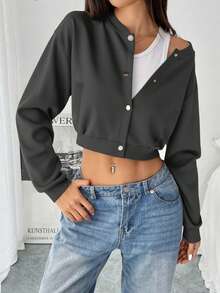 EMERY ROSE 纯色前扣口袋长袖短款休闲夹克 - 深灰色 - 查看 5