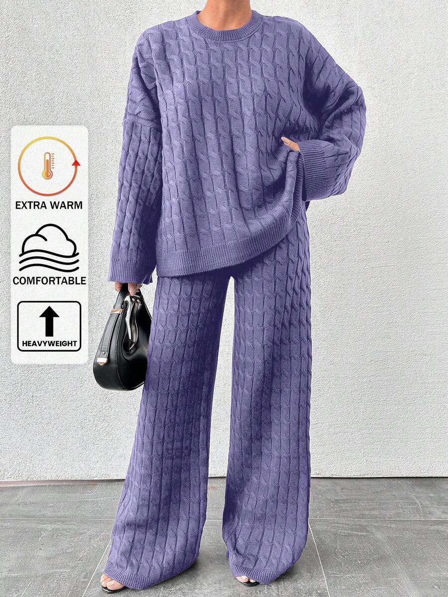 EURMUSE Bộ 2 áo len dệt kim trơn thả vai thường ngày cho nữ và quần - Màu Lilac Tím - Xem 1