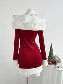 Elamini White Faux Fur Off Shoulder Long Sleeve Bodycon Mini Dress, Elegant & Cute For Christmas Party, Date, Daily Wear - Red - View 2