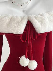 Elamini White Faux Fur Off Shoulder Long Sleeve Bodycon Mini Dress, Elegant & Cute For Christmas Party, Date, Daily Wear - Red - View 5