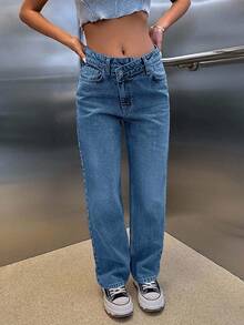 CasuGlow 100% Cotton HIGH RISE ASYMMETRIC BELT STRAIGHT CUT JEAN - Blue - View 4