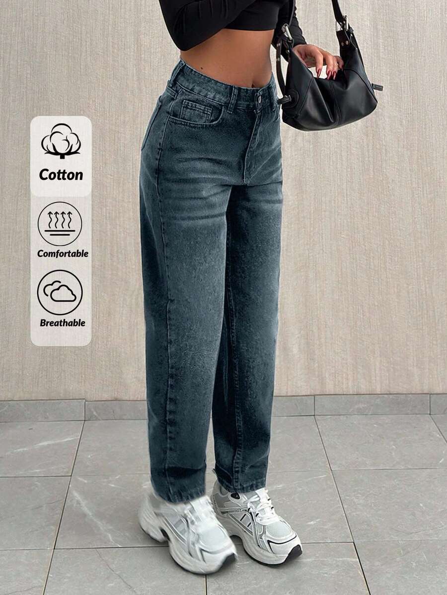 SHEIN Cottnline HIHG RISE DARK GREY MOM JEAN WITH WHITE JACRON - Dusty Blue - View 1