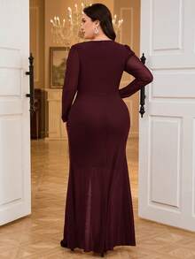 Modelyn Vestido plus size elegante com strass e cintura dividida, manga comprida, outono - Rosa Quente - Ver 2